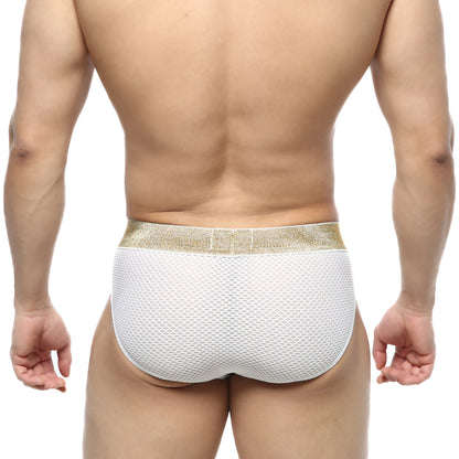 MetroMaleWear luxury hip brief white mesh with shimmering gold waistband highlighting comfort and style