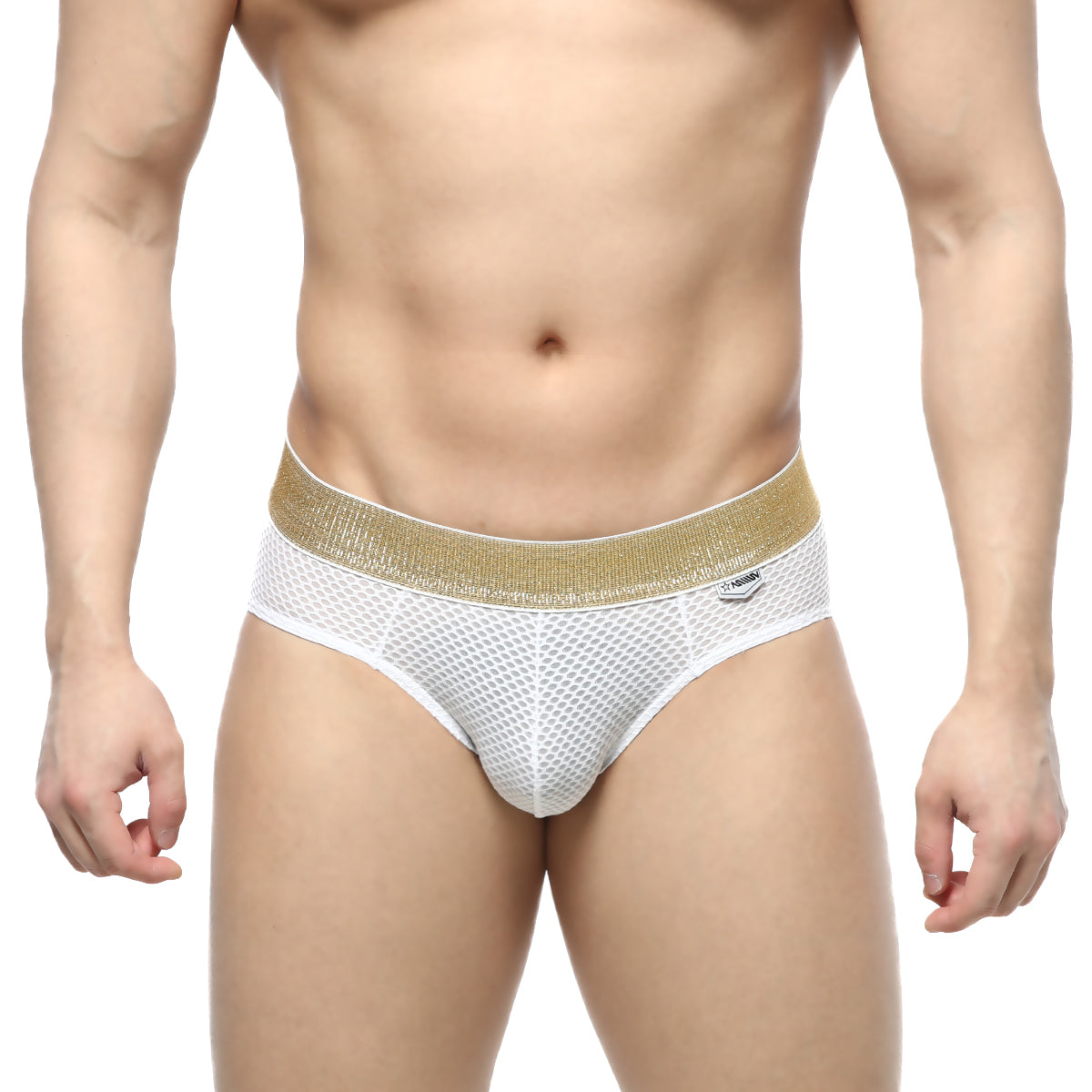 MetroMaleWear luxury hip brief white mesh with a shimmering gold waistband for stylish comfort and support