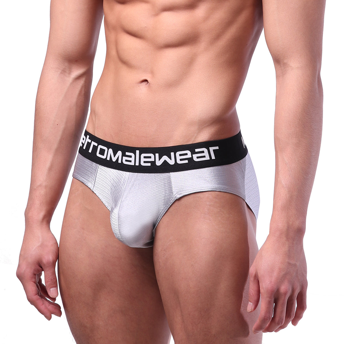 Silver textured men’s hip brief with black waistband featuring white stromalewear branding metroMalewear 5003-10
