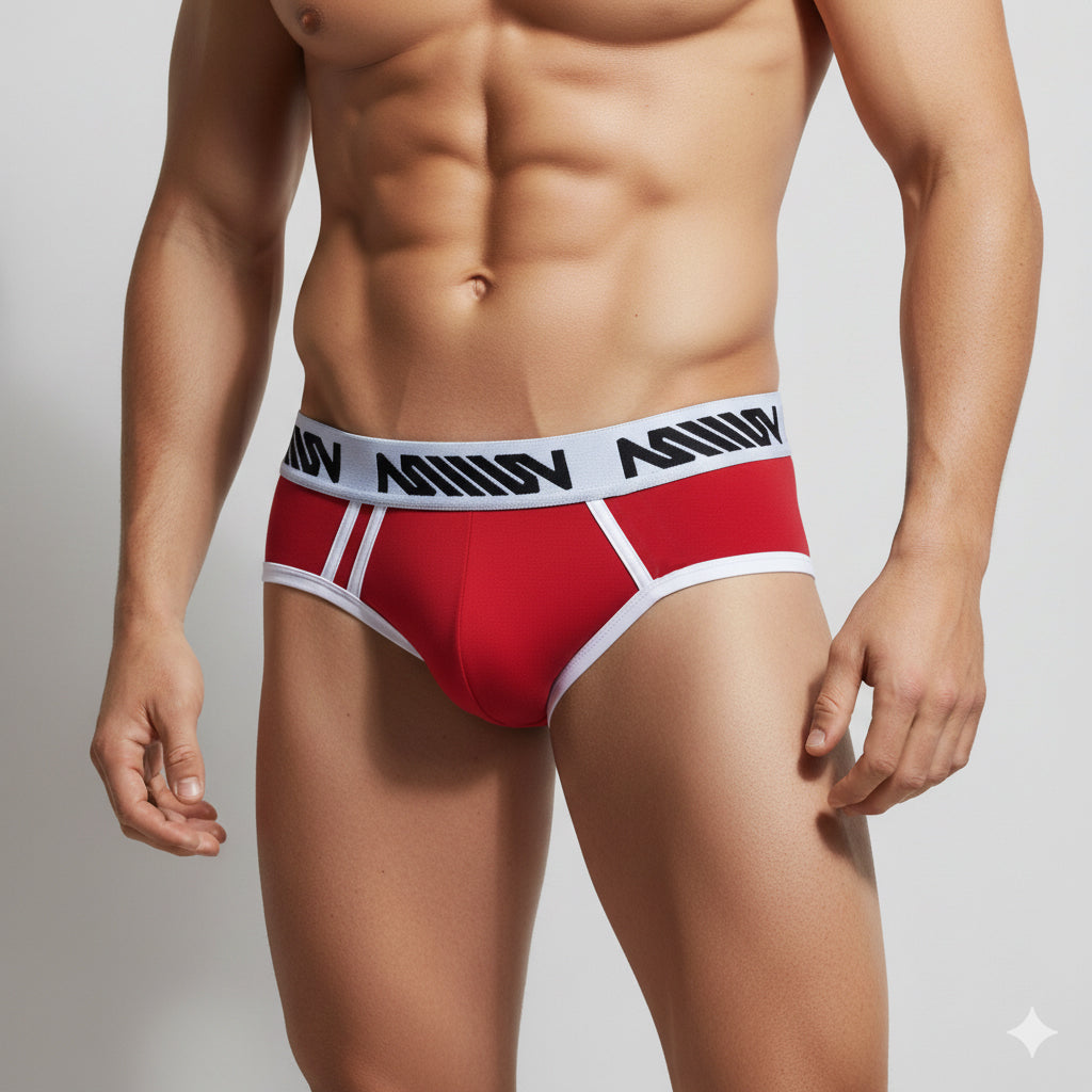 Metro malewear sistonia hip brief red men’s red briefs with white trim and black logo waistband for everyday comfort