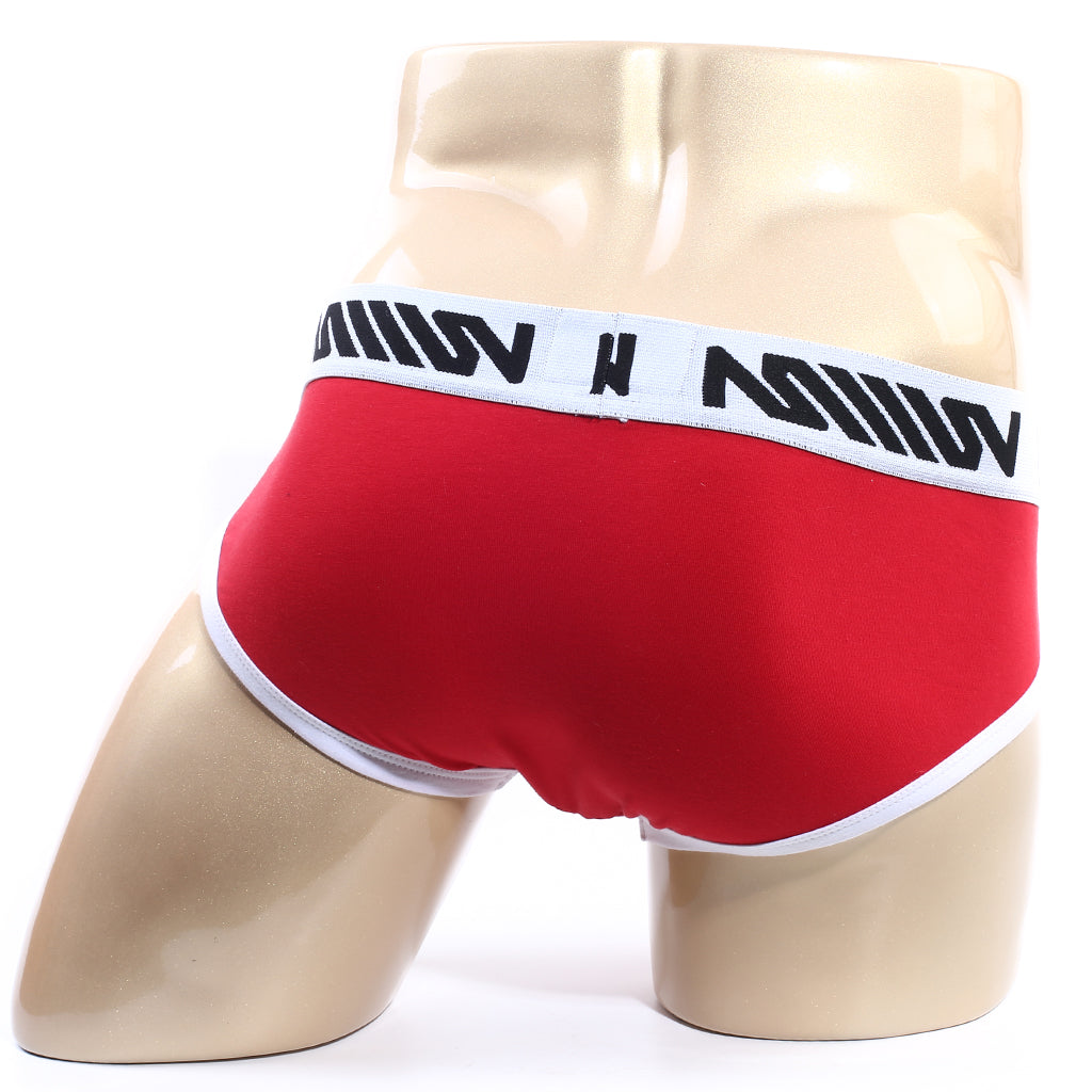 MetroMaleWear Sistonia hip brief in red with white trim and black logo band designed for comfort and style