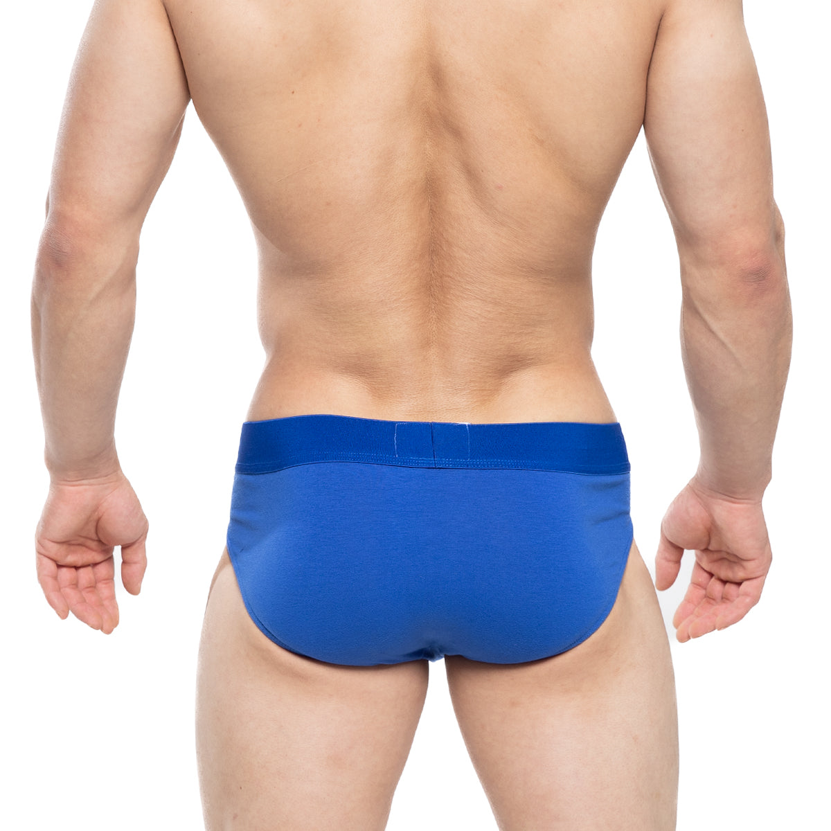 Blue MetroMaleWear Fundo Hip Brief 5003-18 made of smooth fabric with vibrant solid color shown from the back side