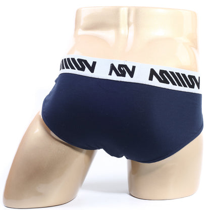 Navy blue MetroMaleWear M25 hip briefs with white elastic waistband and black asv branding for comfortable wear