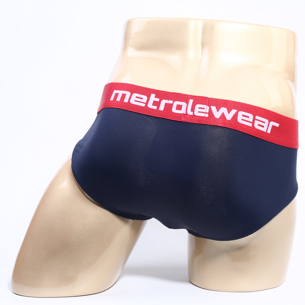 MetroMalewear Prostretch hip brief navy blue with red waistband and white metrolwear logo for comfortable support