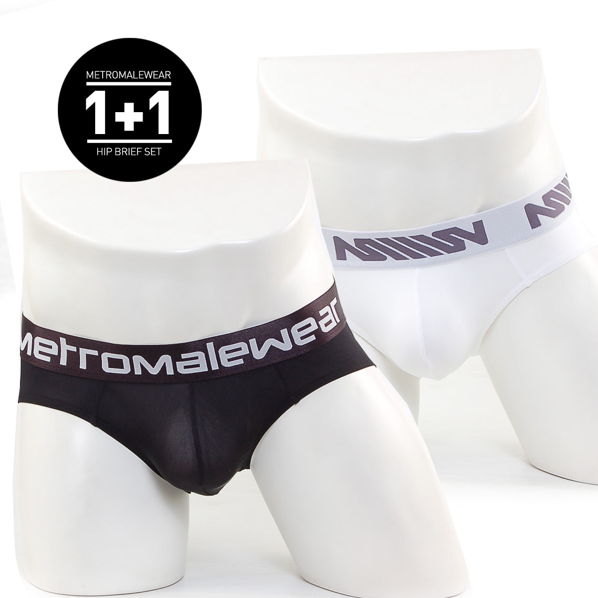 Black and white microfiber metroMalewear hip briefs with branded elastic waistbands showing the front side