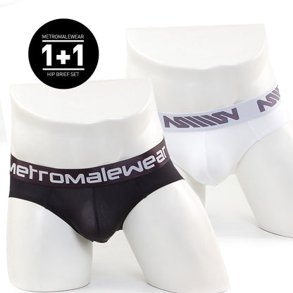 Black and white microfiber metroMalewear hip briefs with branded elastic waistbands showing the front side