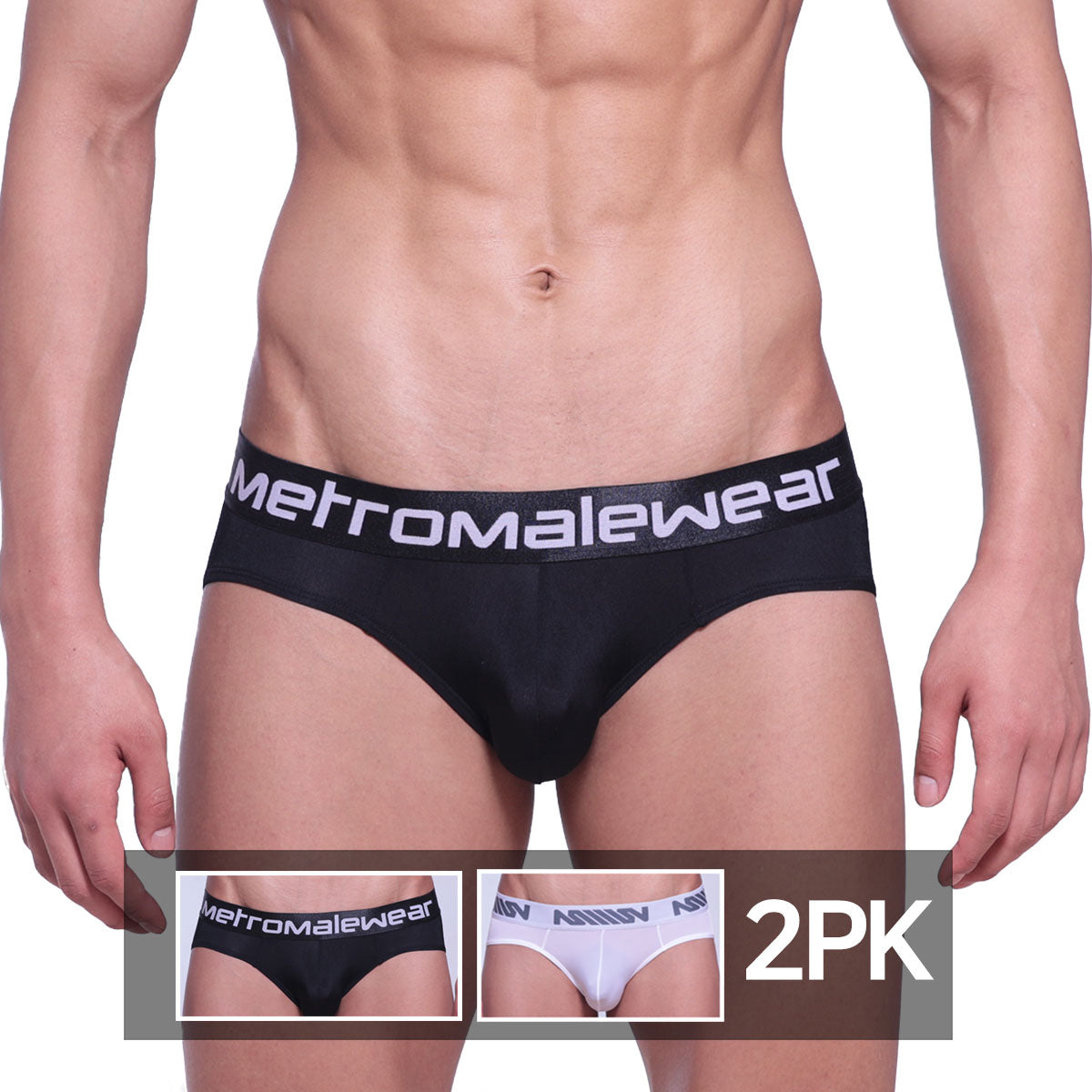Black microfiber mens briefs with white metromalewear logo on waistband metro male wear micro brief 2pk