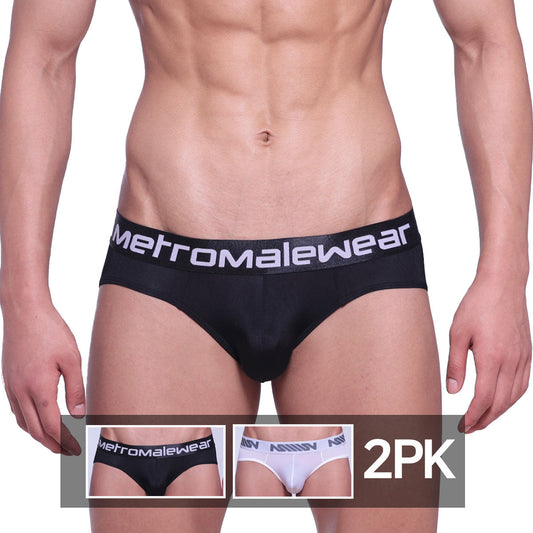 Black microfiber mens briefs with white metromalewear logo on waistband metro male wear micro brief 2pk