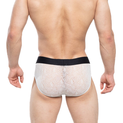 White lace briefs with black elastic waistband by metromalewear in ivory model 5003-32