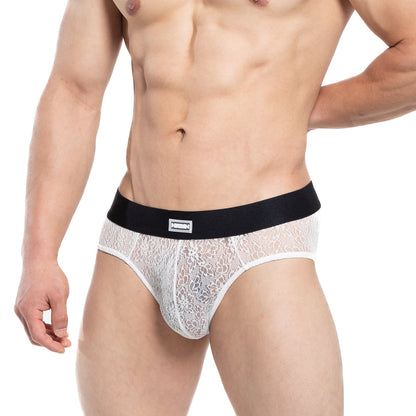 Metro male wear agnes brief ivory 5003-32 white lace men’s underwear with black elastic london waistband