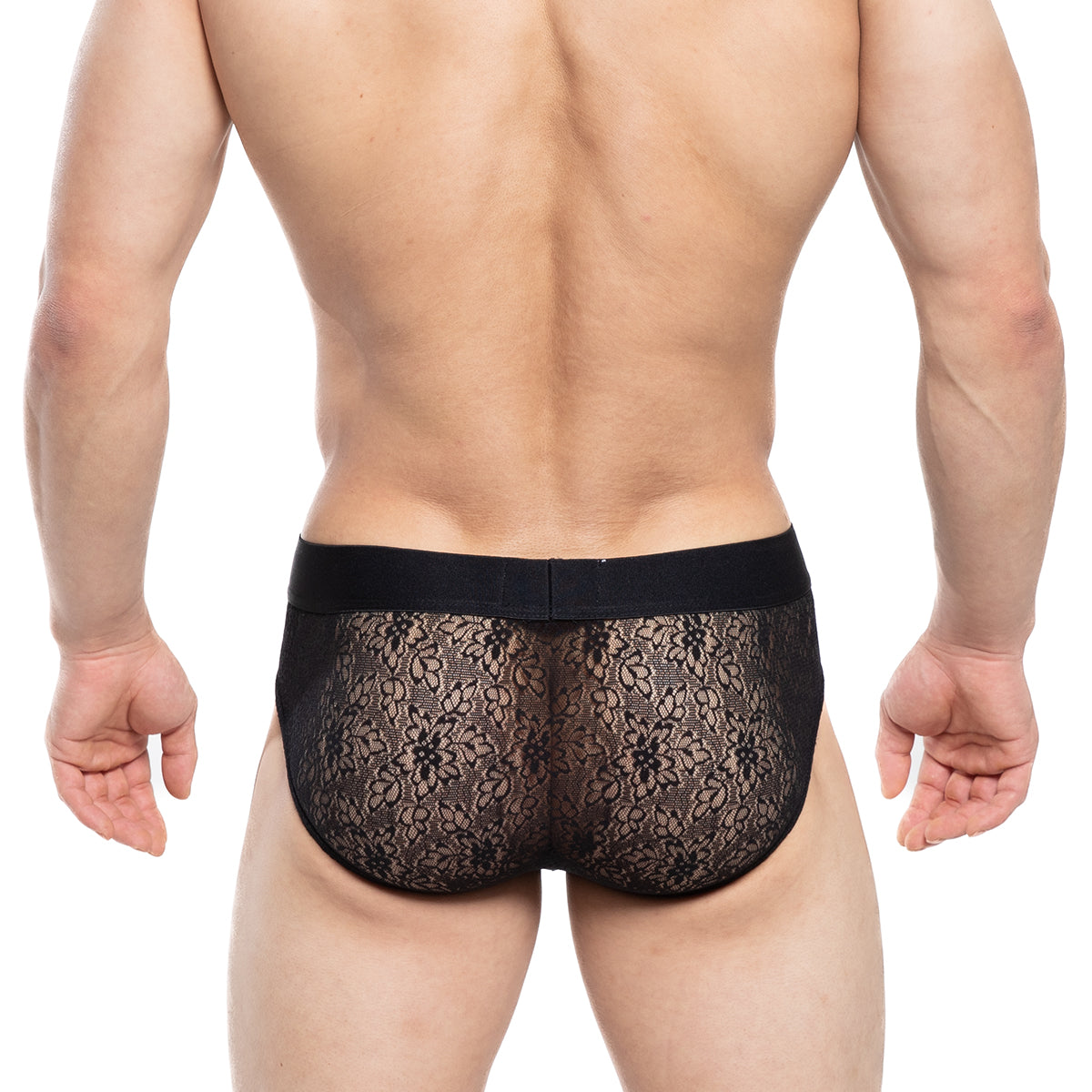 MetroMaleWear Agnes brief black 5003-34 black lace floral briefs with solid elastic waistband front view
