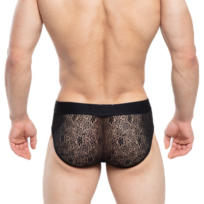 MetroMaleWear Agnes brief black 5003-34 black lace floral briefs with solid elastic waistband front view