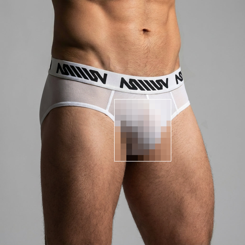 White mesh briefs with a black miiw logo band from metromalewear mesh hip brief white 5003-45