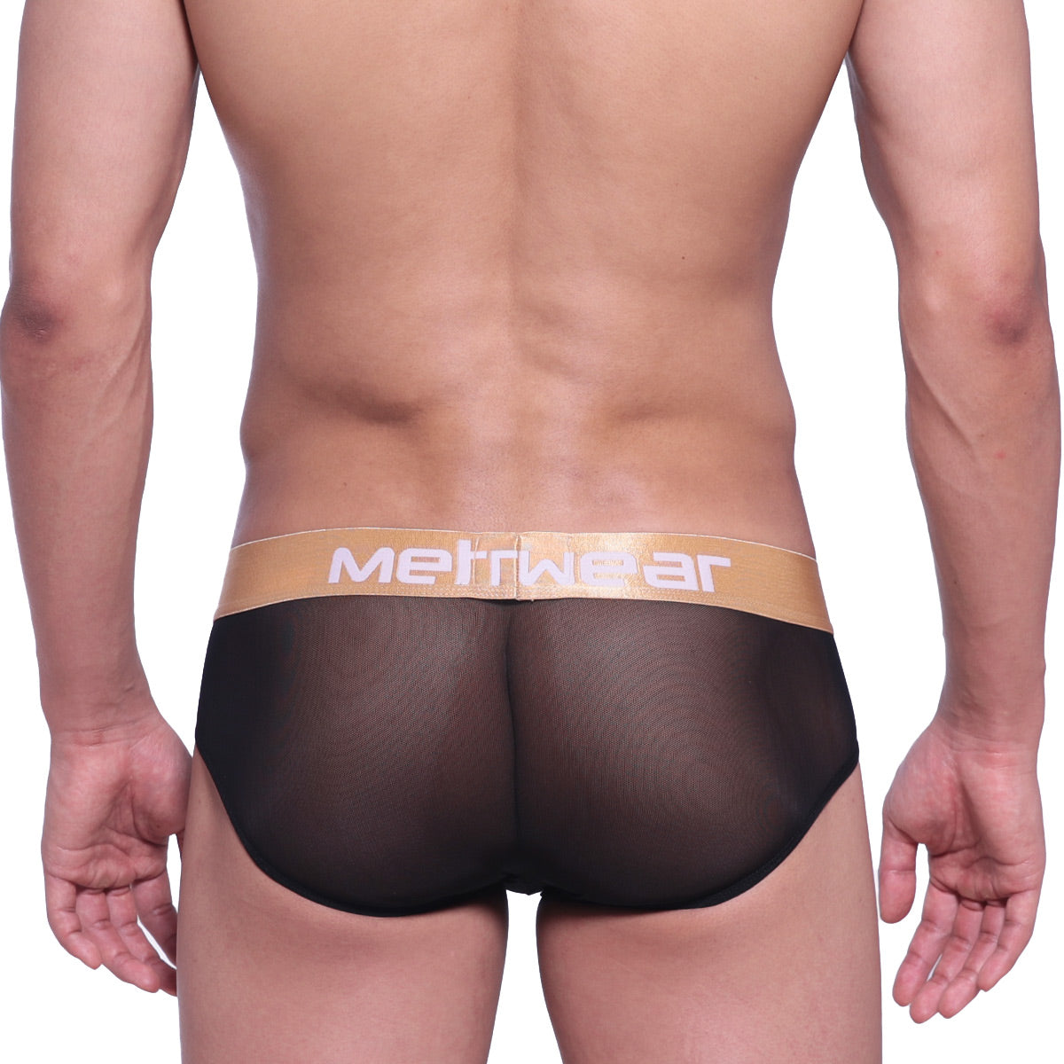 Black sheer mesh briefs with tan waistband and metwear logo from metromalewear mesh hip brief black gold label 5003-46