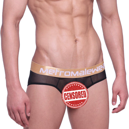 Black sheer mesh briefs with gold metromalewear logo waistband from metromalewear mesh hip brief black gold label 5003-46
