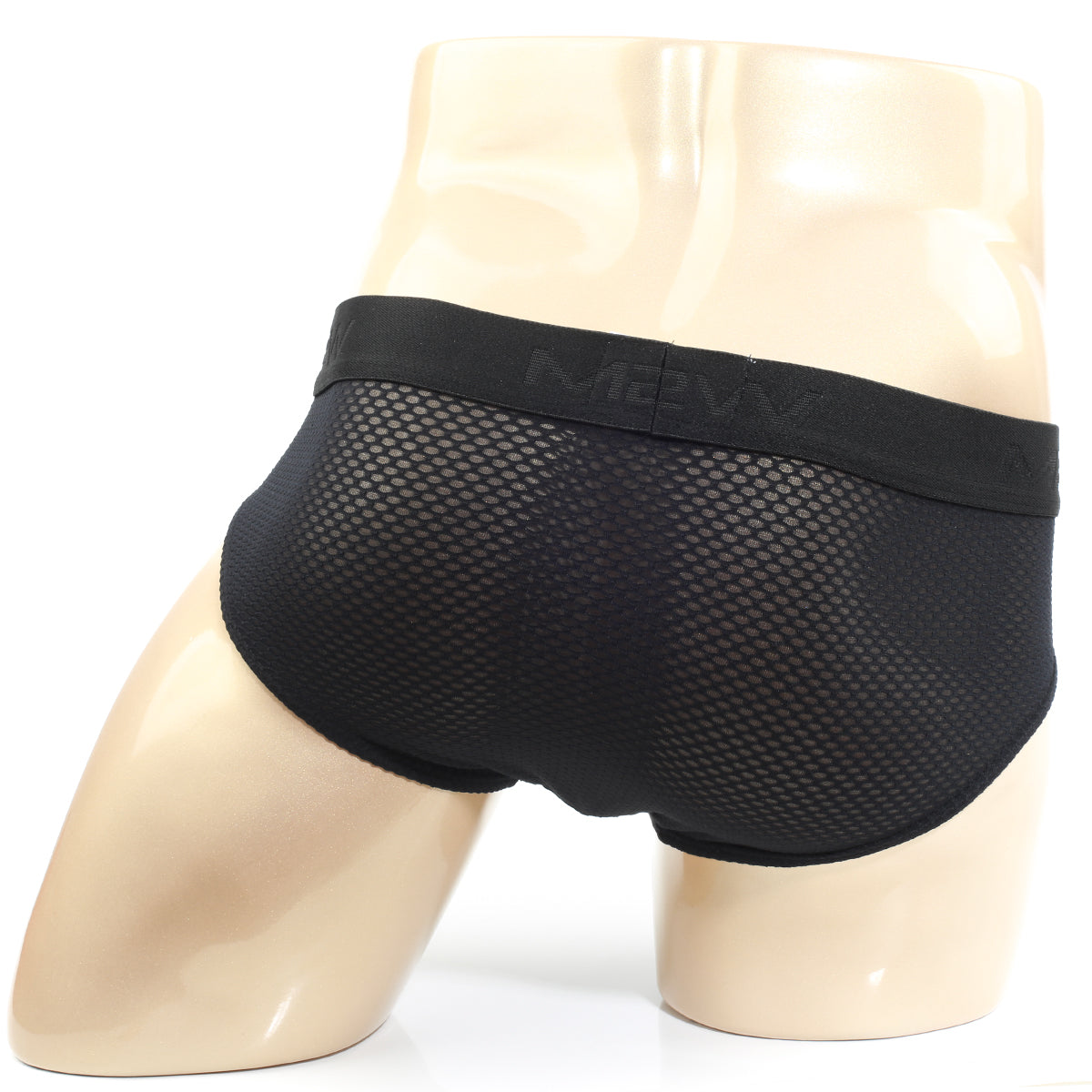 MetroMaleWear Matrix brief black black mesh with solid elastic waistband featuring m2vw logo front view