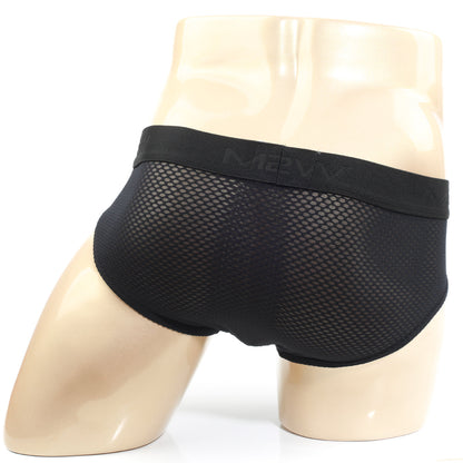 MetroMaleWear Matrix brief black black mesh with solid elastic waistband featuring m2vw logo front view