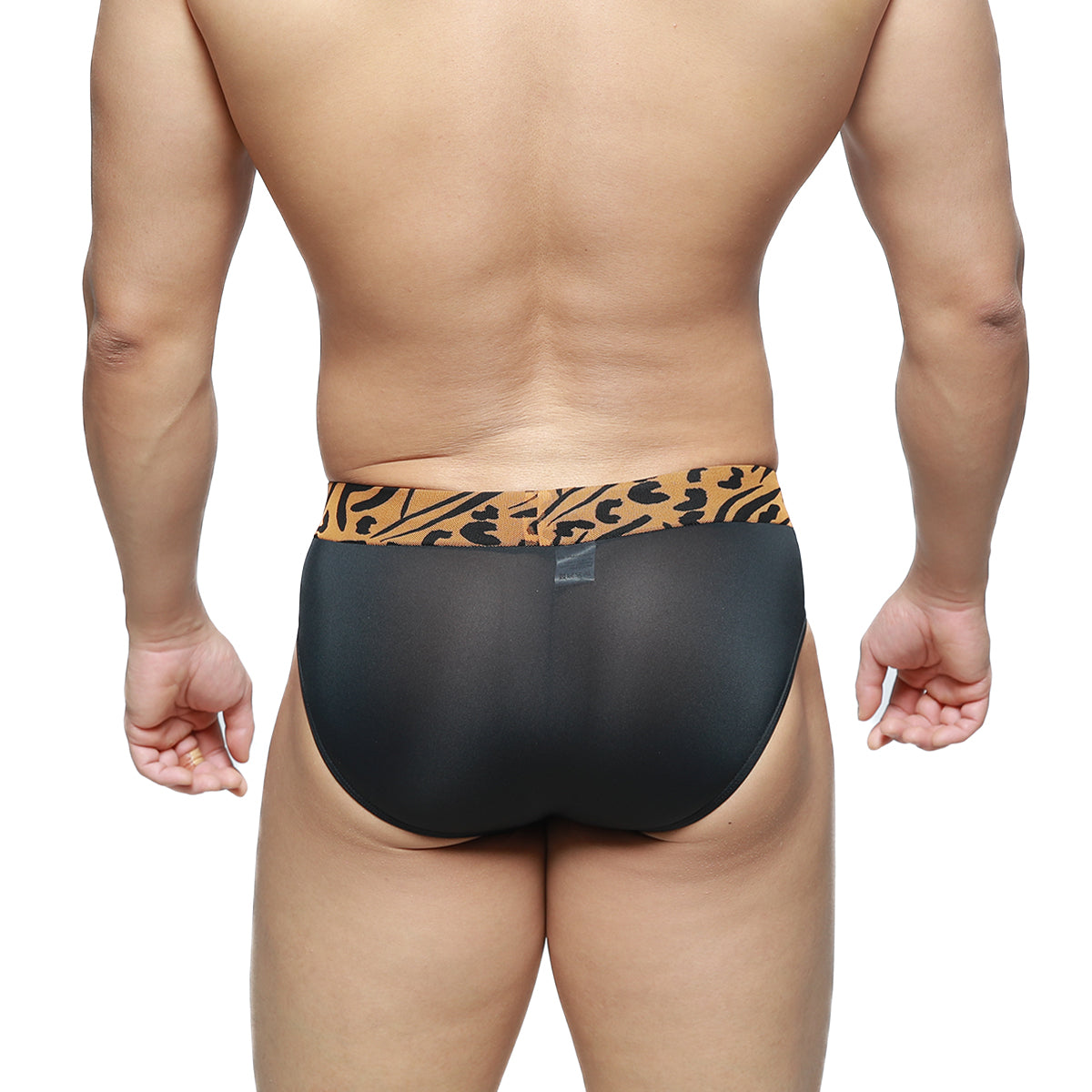 MetroMaleWear Sabana brief black mesh briefs with tan and black leopard print waistband front view