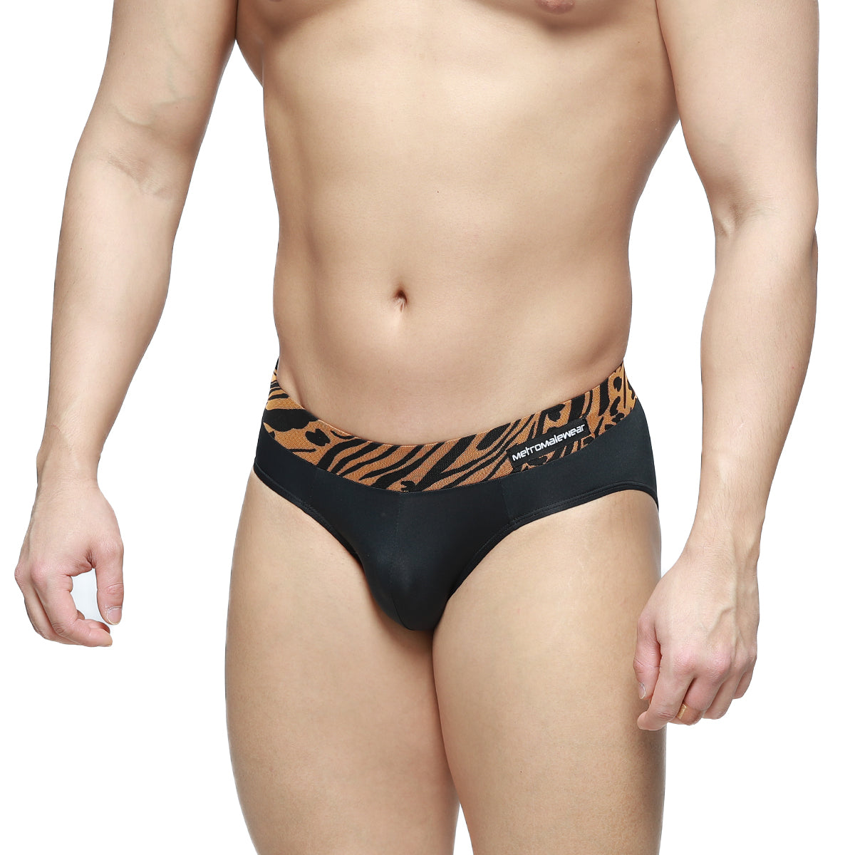 Black briefs metro male wear sabana brief 5003-55 with bold orange and black tiger stripe waistband and metconverse branding