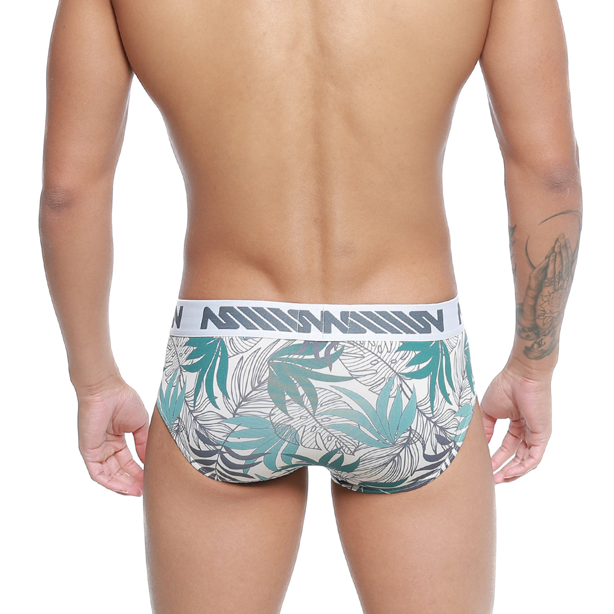 MetroMaleWear meadow hip brief 5003-56 white briefs with teal and gray tropical leaf pattern and branded waistband