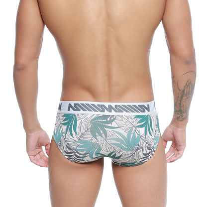 MetroMaleWear meadow hip brief 5003-56 white briefs with teal and gray tropical leaf pattern and branded waistband