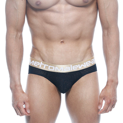 Black lace men’s briefs with gold metromalewear logo waistband metro malewear carve hip brief black 5003-61