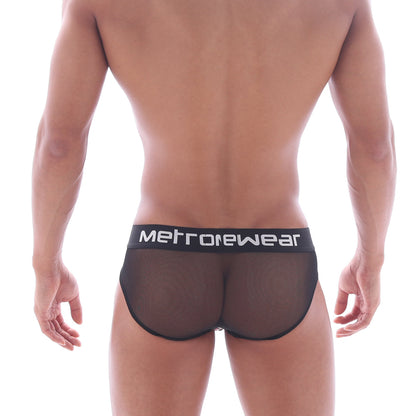 Black mesh briefs with a black metrowear logo waistband from MetroMaleWear hip brief berry 5003-69