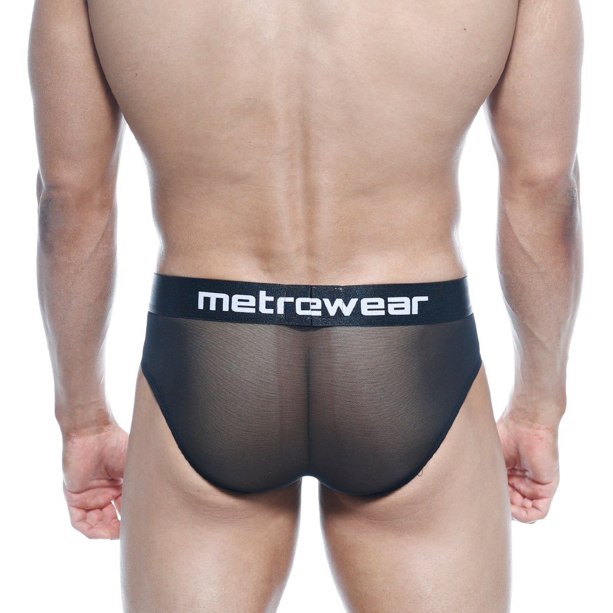 Black mesh metro male wear tron hip brief with solid black waistband and white metrewear logo visible on the front