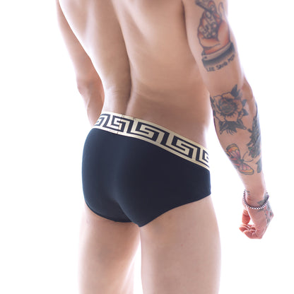Black metroMalewear limited edition grid hip briefs with cream Greek key patterned waistband and comfortable fit