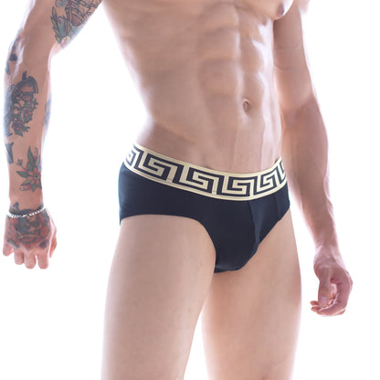 Black metro malewear limited edition grid hip brief with cream greek key patterned waistband in cotton blend