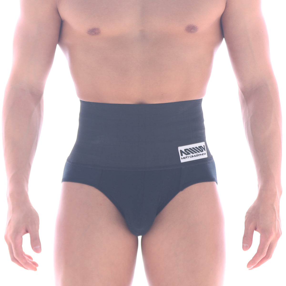 Black high-waisted MetroMaleWear shaper hip briefs with white logo patch on waistband for support and shaping