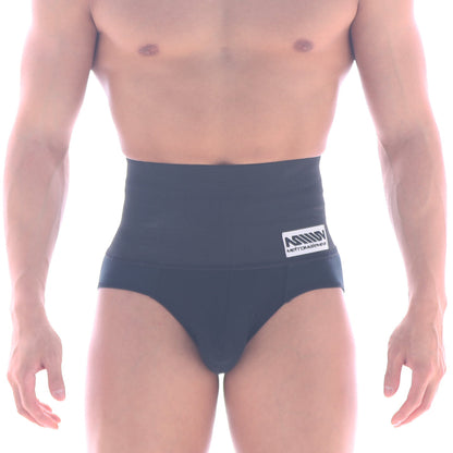 Black high-waisted MetroMaleWear shaper hip briefs with white logo patch on waistband for support and shaping