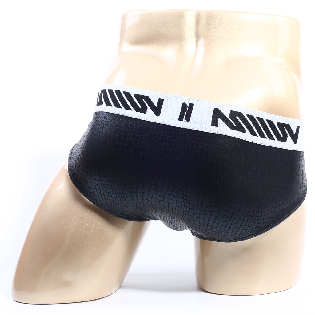 MetroMaleWear crocodile hip brief 5003-85 black textured briefs with white waistband and bold black lettering