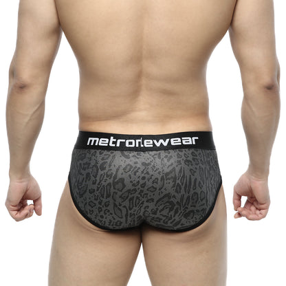 Black and gray leopard print camouflage hip briefs with black metronewear waistband for men 5003-90