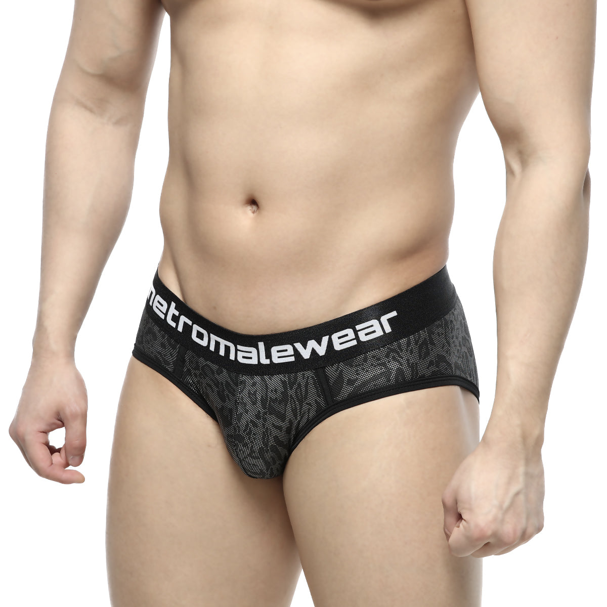 Black patterned mens briefs with mesh texture and white metromalewear branding on waistband metro malewear camouflage hip brief 5003-90