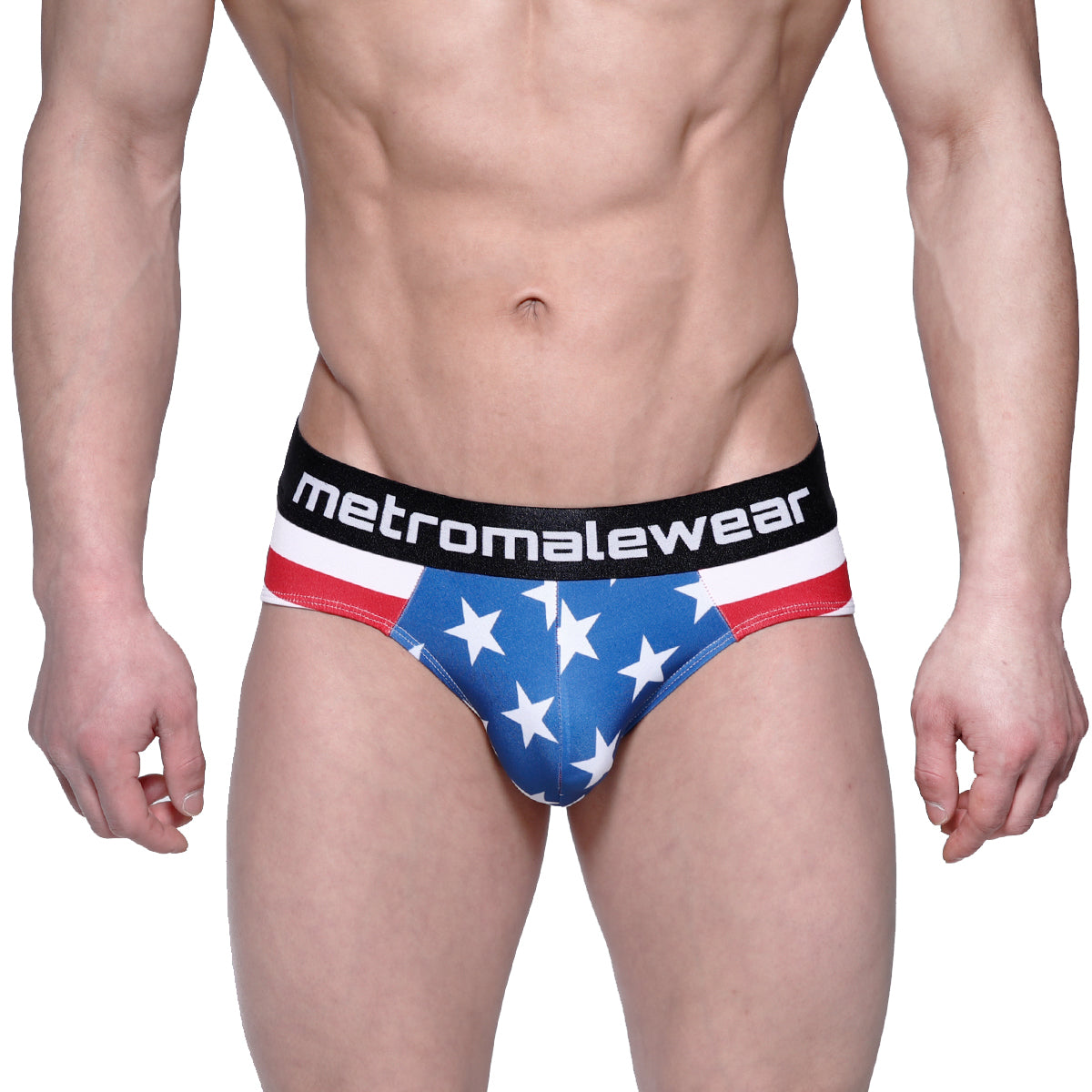 Metro malewear avengers hip brief 5003-93 blue american flag themed briefs with white stars red stripes and black waistband