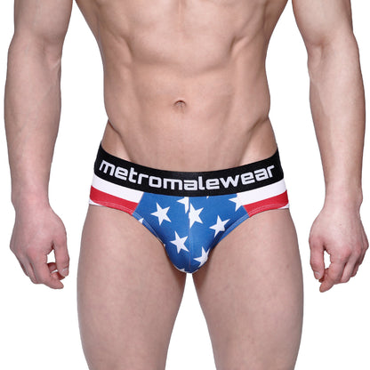 Metro malewear avengers hip brief 5003-93 blue american flag themed briefs with white stars red stripes and black waistband