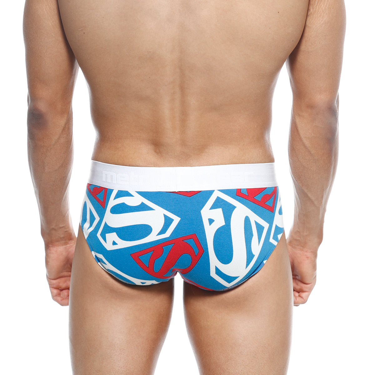 MetroMaleWear super hero hip brief 5003-99 features blue and red Superman logo patterned fabric with a white waistband