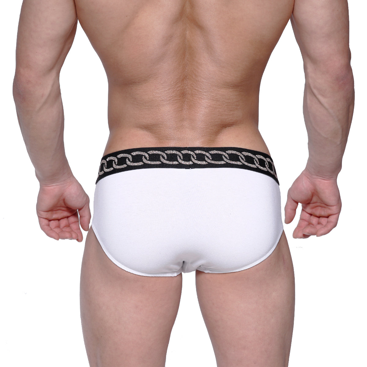MetroMaleWear classic hip brief white with black waistband and silver chain pattern for stylish men’s underwear
