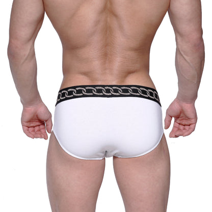 MetroMaleWear classic hip brief white with black waistband and silver chain pattern for stylish men’s underwear