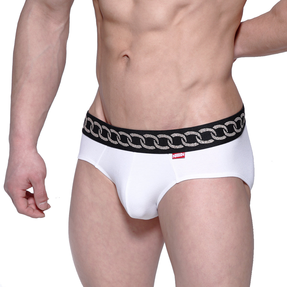 MetroMaleWear classic hip brief white with black waistband silver chain-link detailing and red brand tag