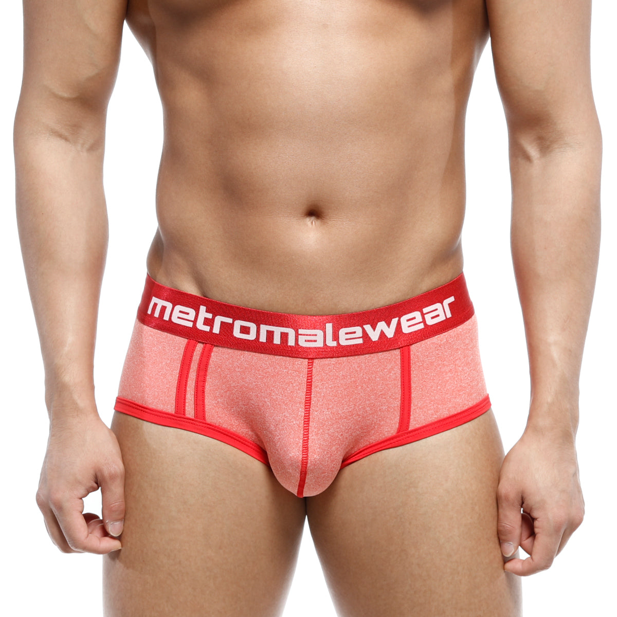 MetroMaleWear oriental brief orange 5005-14 coral textured fabric with bold red waistband and white logo lettering