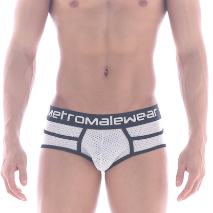 White mesh briefs with black trim and metromalewear waistband from metro malewear atrevido brief 5005-45