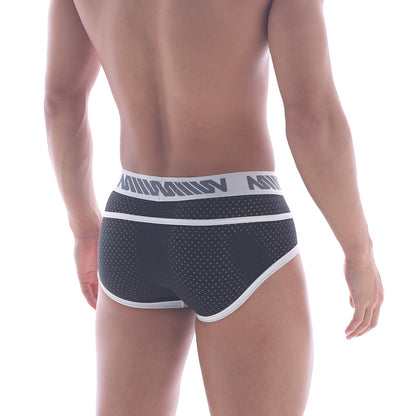 MetroMaleWear Atrevido brief black mesh with white trim and gray logo waistband for stylish comfort