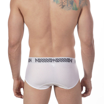 White mesh MetroMaleWear active hip briefs with gray logo waistband band for breathable comfort and support