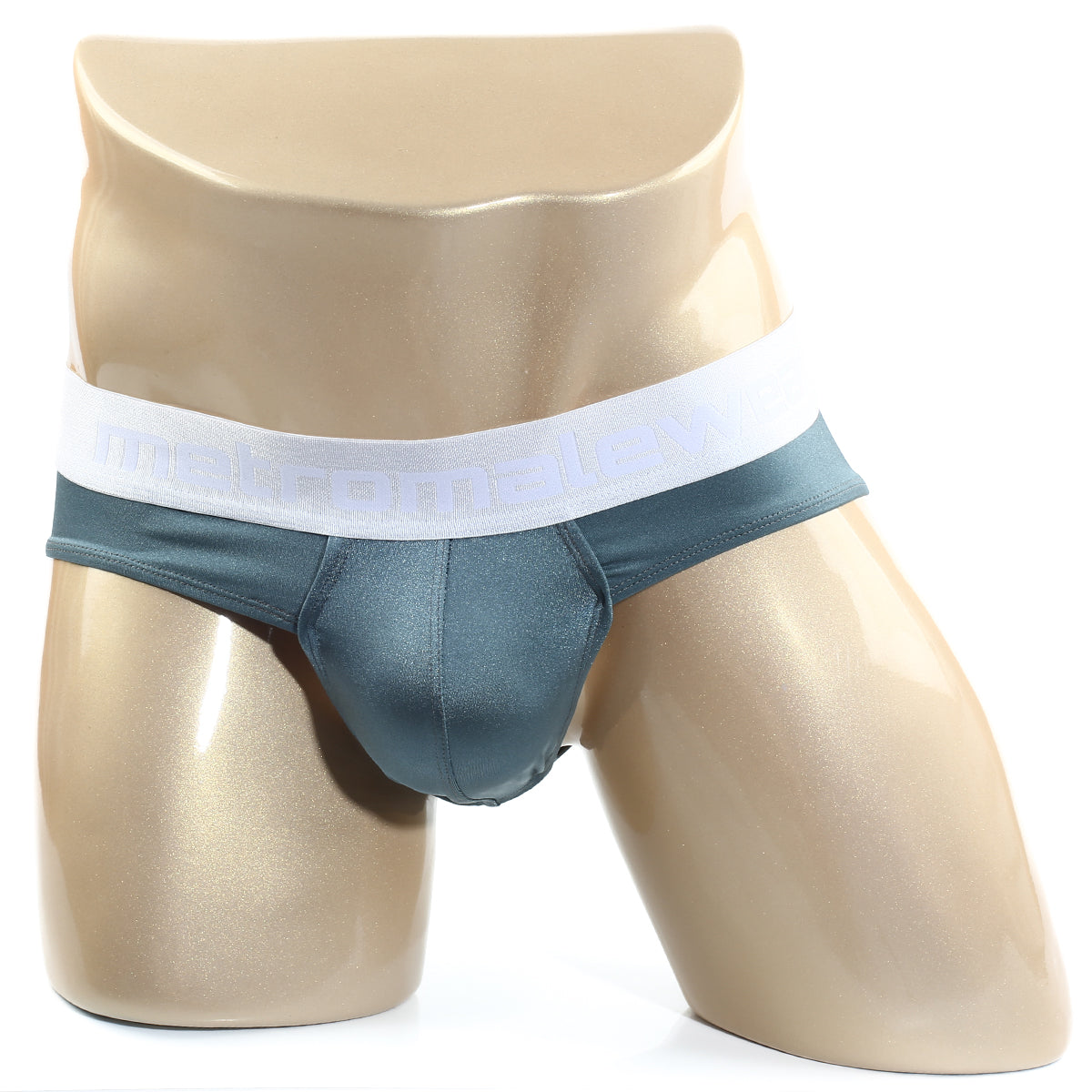 Dark teal satin MetroMaleWear Spark brief with white elastic waistband featuring subtle branding in front view