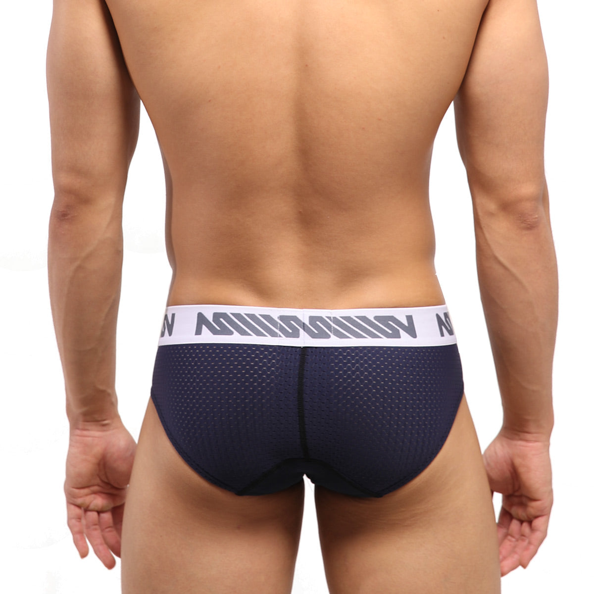 Navy blue mesh briefs with white elastic waistband and gray n branding from metromalewear active mesh hip brief 5006-28