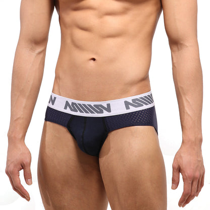 Navy blue mesh briefs with white elastic waistband and gray miiow branding metro male wear active mesh hip brief