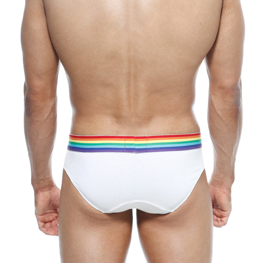 MetroMaleWear pride brief white 5006-R00 white briefs with vibrant rainbow stripe on waistband for pride celebration