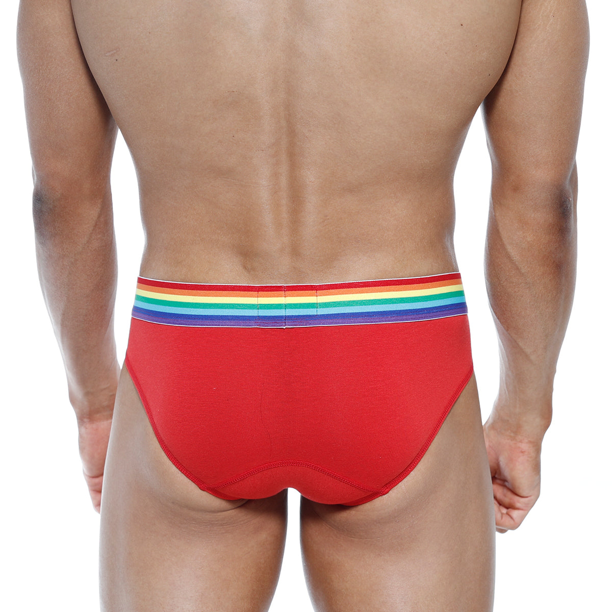 Red briefs with a rainbow-striped waistband from MetroMaleWear pride brief collection 5006-R12
